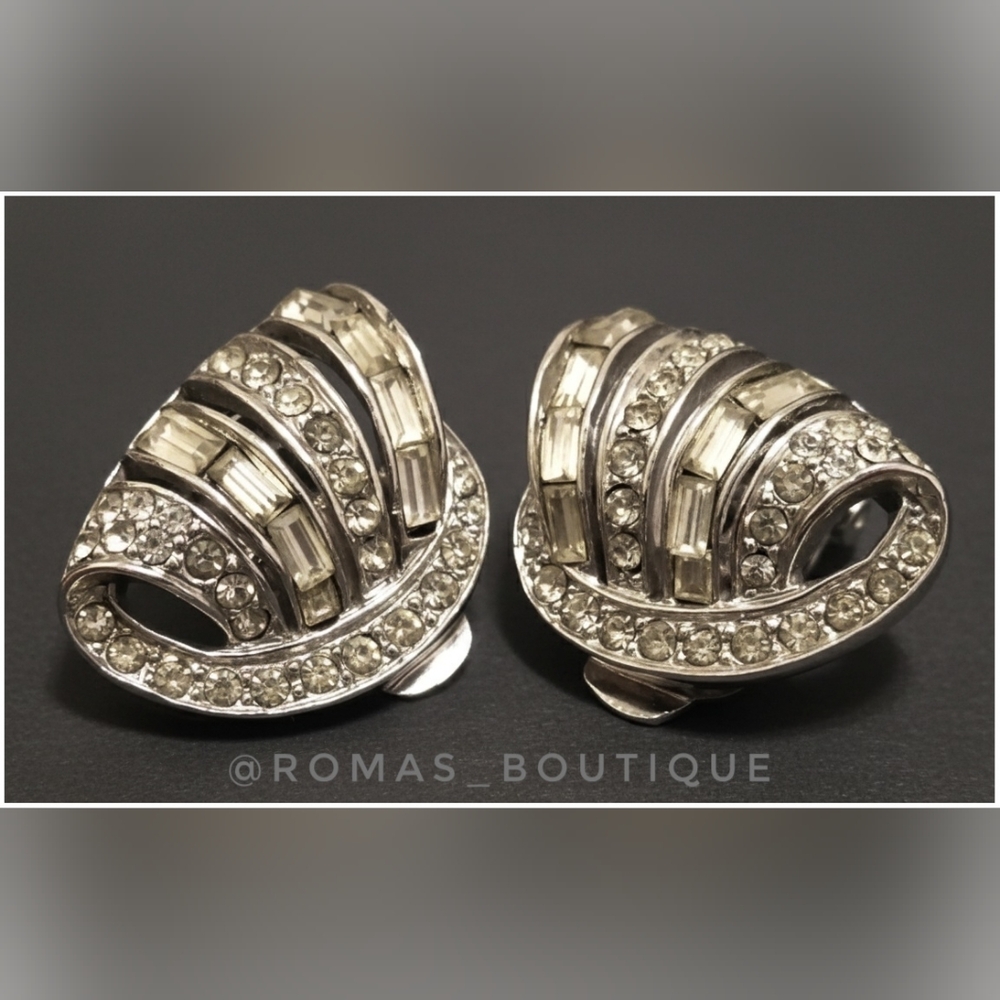 Elegant Silver Tone Crystal Clip Earrings